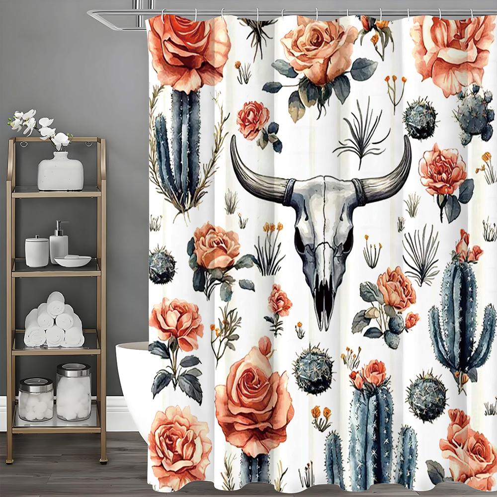 Cow Head Cactus Flower Shower Curtain, Bathroom Decorative Shower Curtain, Waterproof Shower Curtain with Hooks