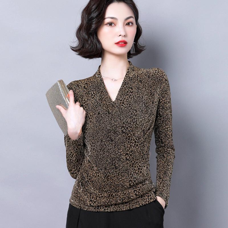 Blusa de otoño para mujer, nueva moda, estilo extranjero, con cuello en V, manga larga, estampado de leopardo