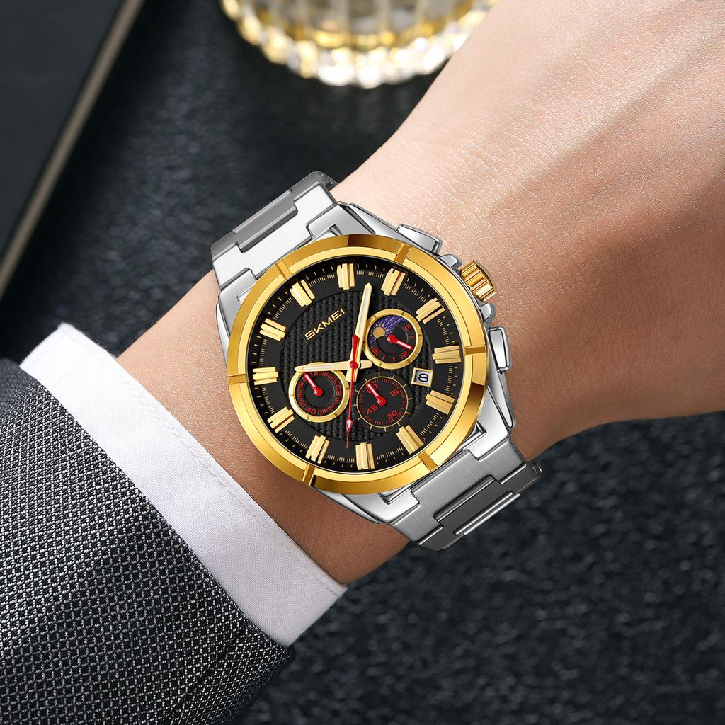 Skmei Fashion Multifunctional Quartz Watch for Men Calendar Luminous Luxury Stainless Steel Strap Mens Watches
