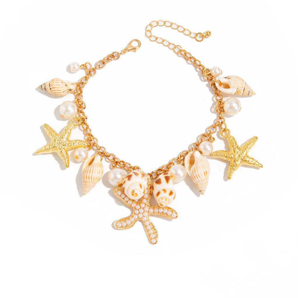 Ocean Wind Imitation Pearl Starfish Pendant Waist Chain, Wind Color Conch Shell Seahorse Body Chain