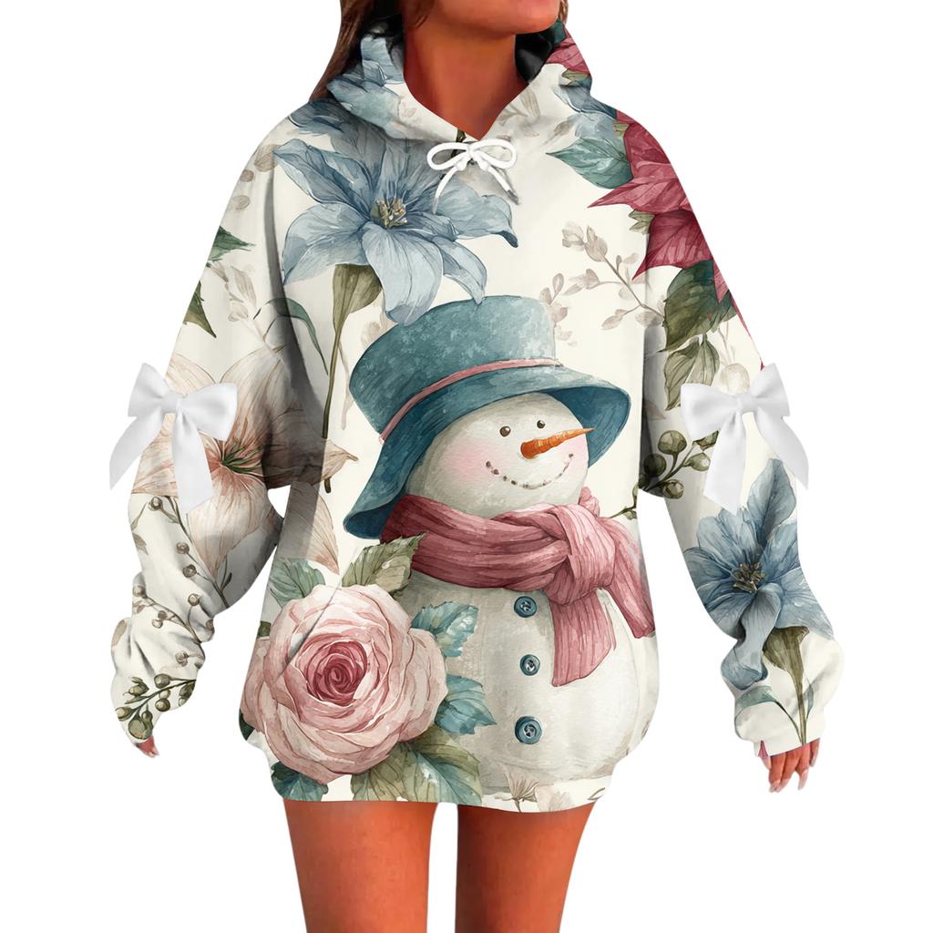 Ladies' Christmas Printed Bow Long Sleeved Loose Fitting Headband With Rope Hooded Sweatshirt Top