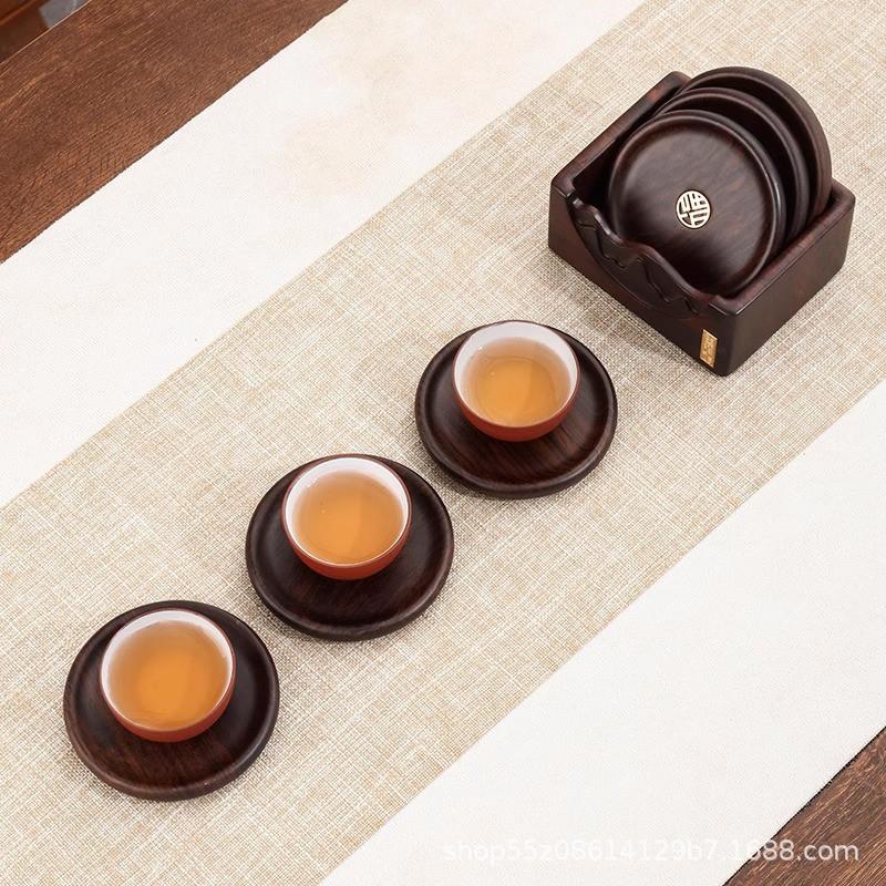 Black Ebony Wood Coaster Set Office Tea Ceremony Heat Resistant Cup Mat 6pcs Round Hollow Copper Inlay
