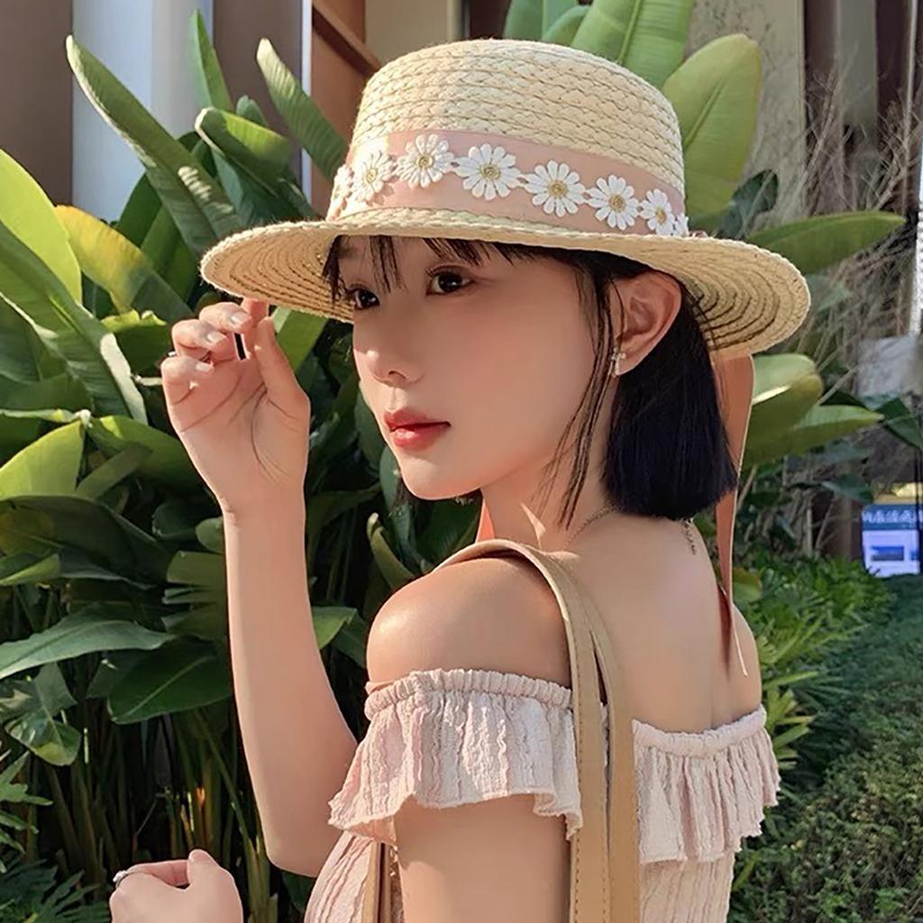 Fashion Flat Top Straw Hat for Women Floral Ribbon Bowknot Summer Large Brim Sunscreen Fisherman Cap Sweet Girls Travel Hat