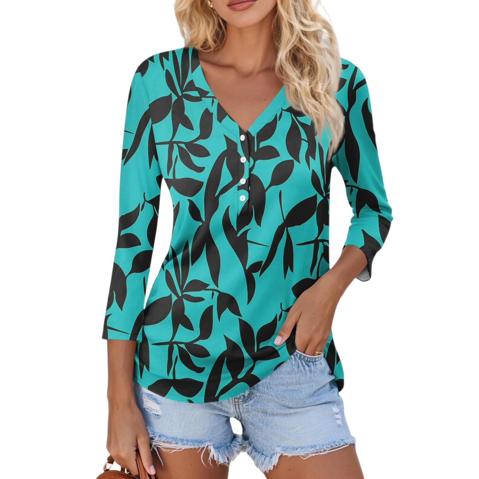 

Women s Casual Fashion Sexy Comfortable V-Neck Button Floral Three-quarter Sleeve Top L