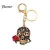 Gothic Skull Keychain Holding Rose Rhinestone for Halloween, Skeleton Bling Head Key Ring, Chain Accessory Handbags Backpacks