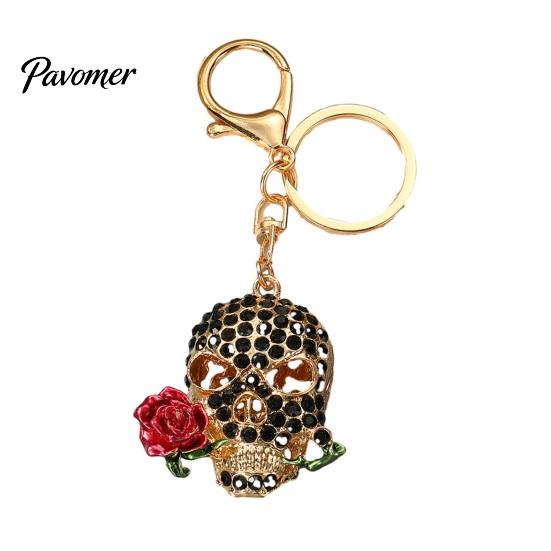 Gothic Skull Keychain Holding Rose Rhinestone for Halloween, Skeleton Bling Head Key Ring, Chain Accessory Handbags Backpacks