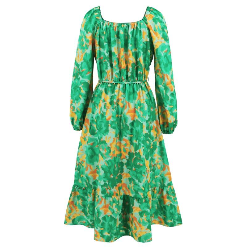 Spring and Autumn Women's Long Sleeve Printed Dress Slim Temperament Mid-Length Dresses