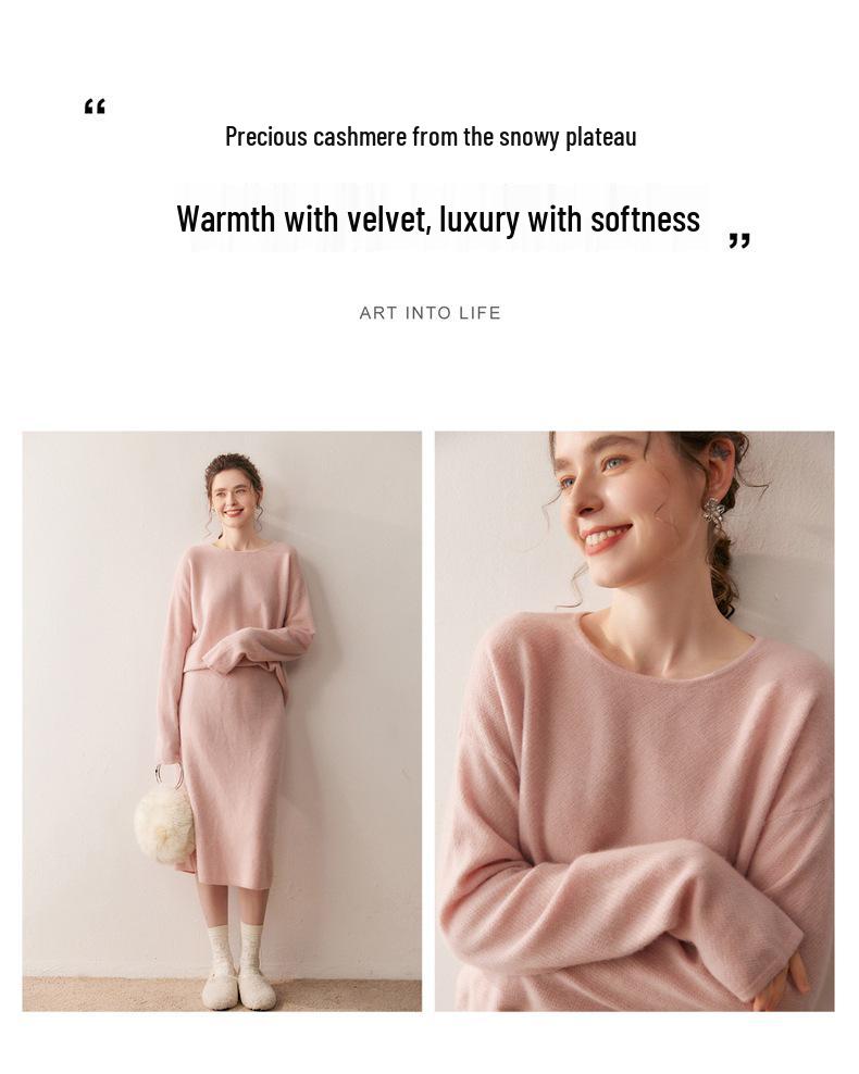 2025 Women's Cashmere Sweater - Round Neck, Osmanthus Stitch, Loose Fit, Curved Hem, Long Sleeve, Autumn/Winter Collection