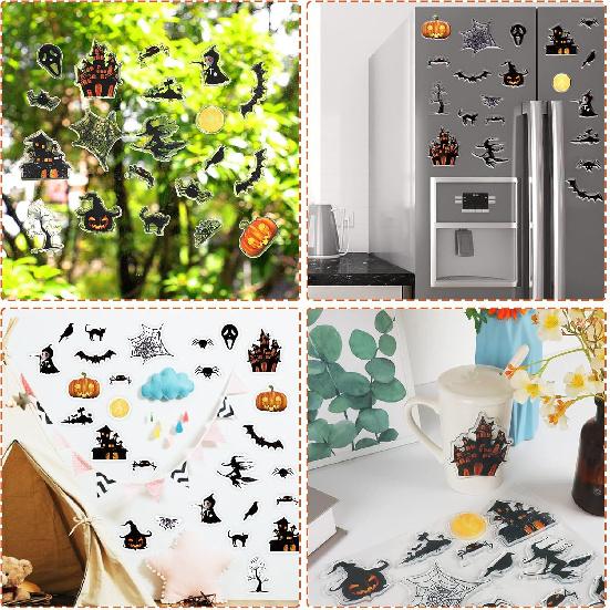 Halloween Thick Gel Clings for Window Glass Miror Decoration Scary Gel Clings Decals for Spooky Hunted House Spider Bat Witch Pumpkin Sticker Party