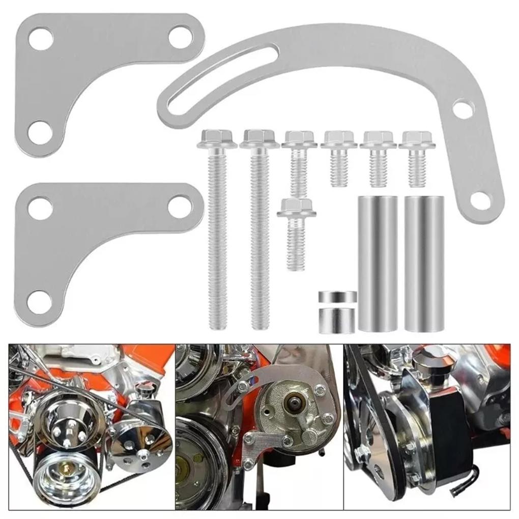 Verstellbare Aluminiumhalterung für SBC Servolenkpumpe mit geschlitztem Arm zur Aufrechterhaltung der Riemenspannung.