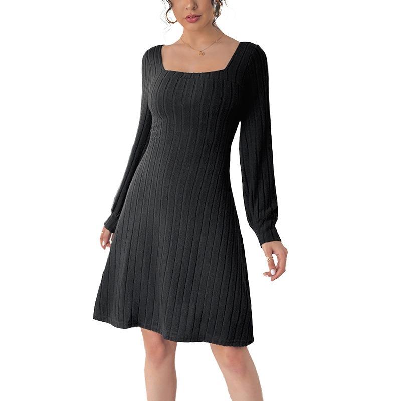 New sexy back bow lace square neck solid color knitted dress