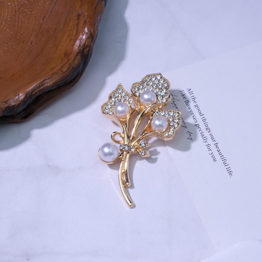 Korean Rhinestone Pearl Calla Lily Brooch Scarf Pin