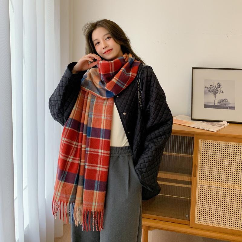 Scarf women's new imitation cashmere classic versatile plaid shawl winter thickened warm student scarf