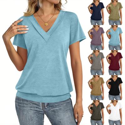Women's Fashion Casual V-Neck Short Sleeve Color Shirt Women's Up Tops