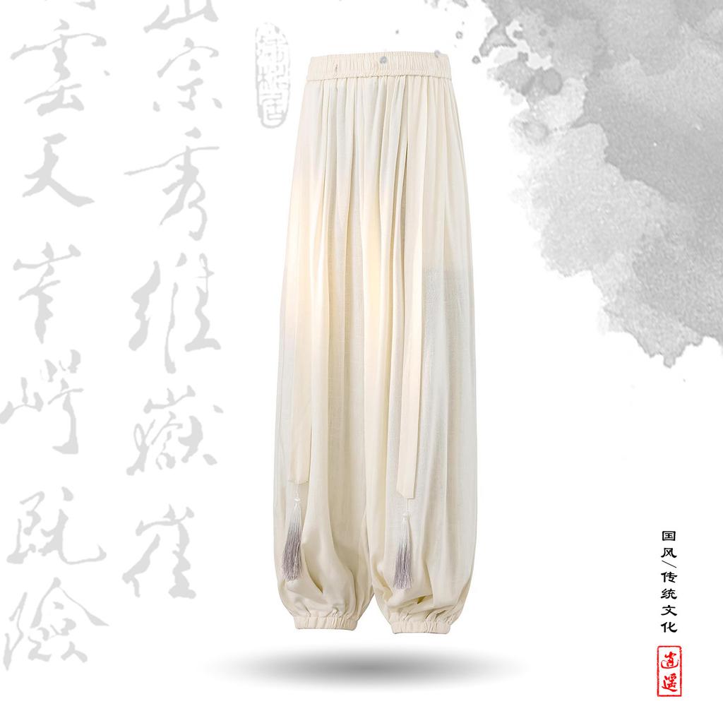 Chinese Style Beach Pants Men's Loose, Wide Leg, Leg Tied Cropped Pants