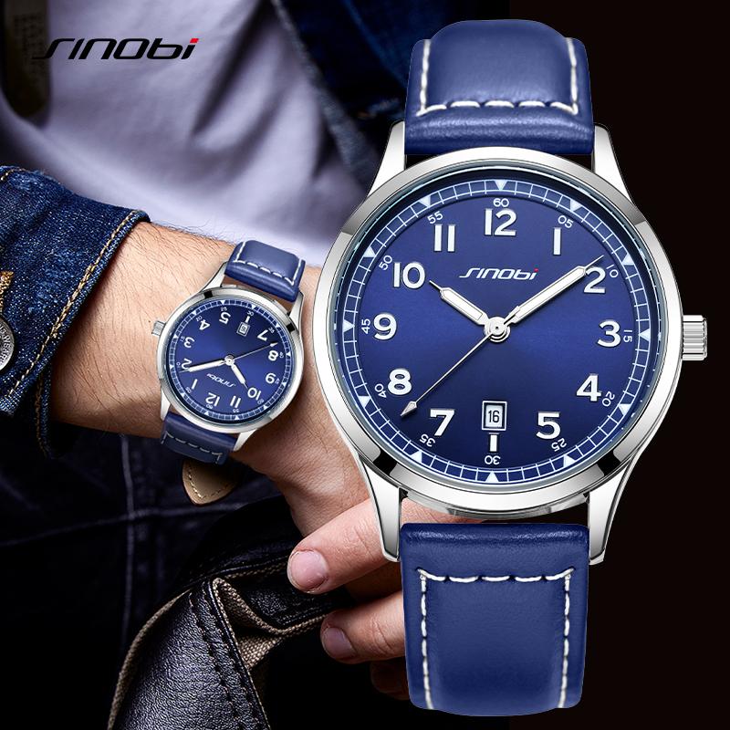 SINOBI Fashion Design Men's Watches Original Leather Strap Man's Quartz Wristwatches Top Luxury Male Best Gifts Luminous Clock
