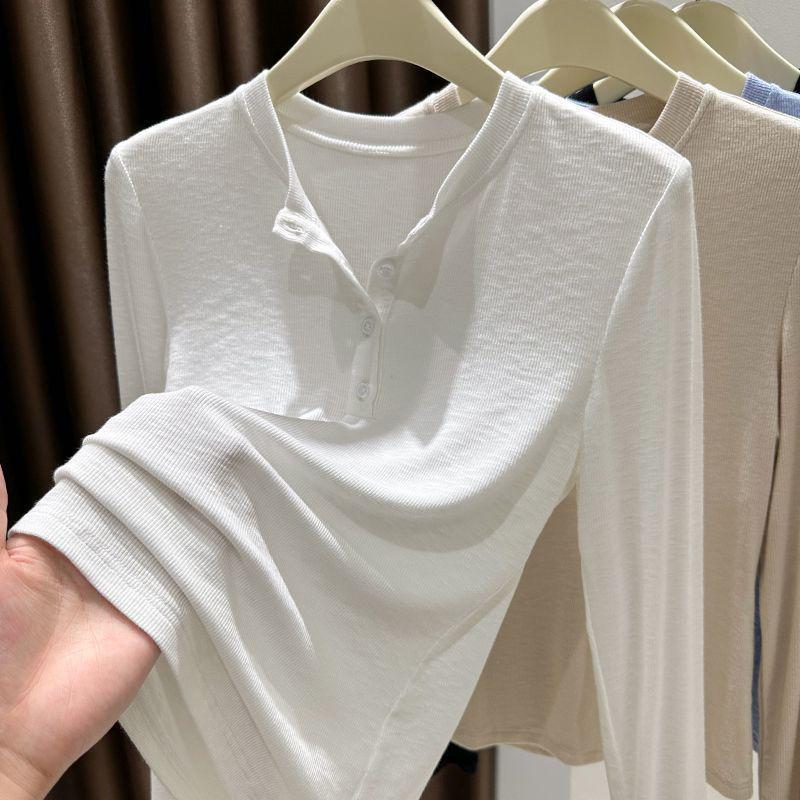 

Women s Autumn/Winter High-End Korean Style Bamboo Cotton Long Sleeve Button Slim Fit Top with Half-Open Collar. M (for 80-100 jin) белый