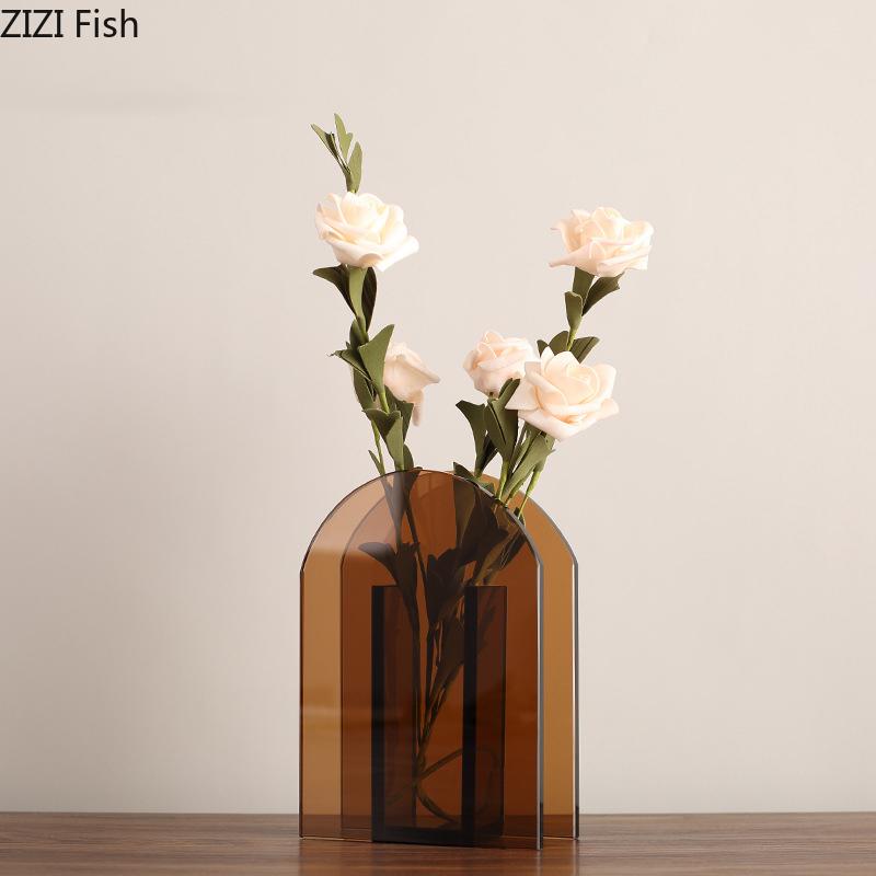 Brown Glass Vase Geometric Arch Vases Desk Decoration Artificial Flower Decorative Flower Arrangement Room Aesthetic Decor
