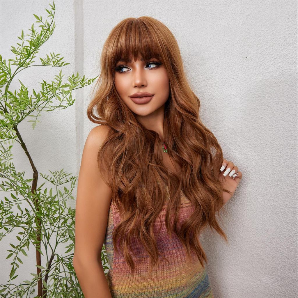 ALAN EATON Lange, gewellte Kunsthaarperücken in Ombré-Braun mit Pony für Damen, Cosplay, Alltag, Party, Dating, hitzebeständige Faserperücke