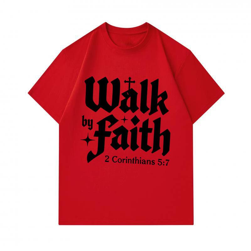 Men's 100% Cotton Crew Neck Short Sleeve T-Shirt, Walk by Faith 2 Corinthians 5:7 Christian Religious Print Casual Soft Breathable Daily Top for Men