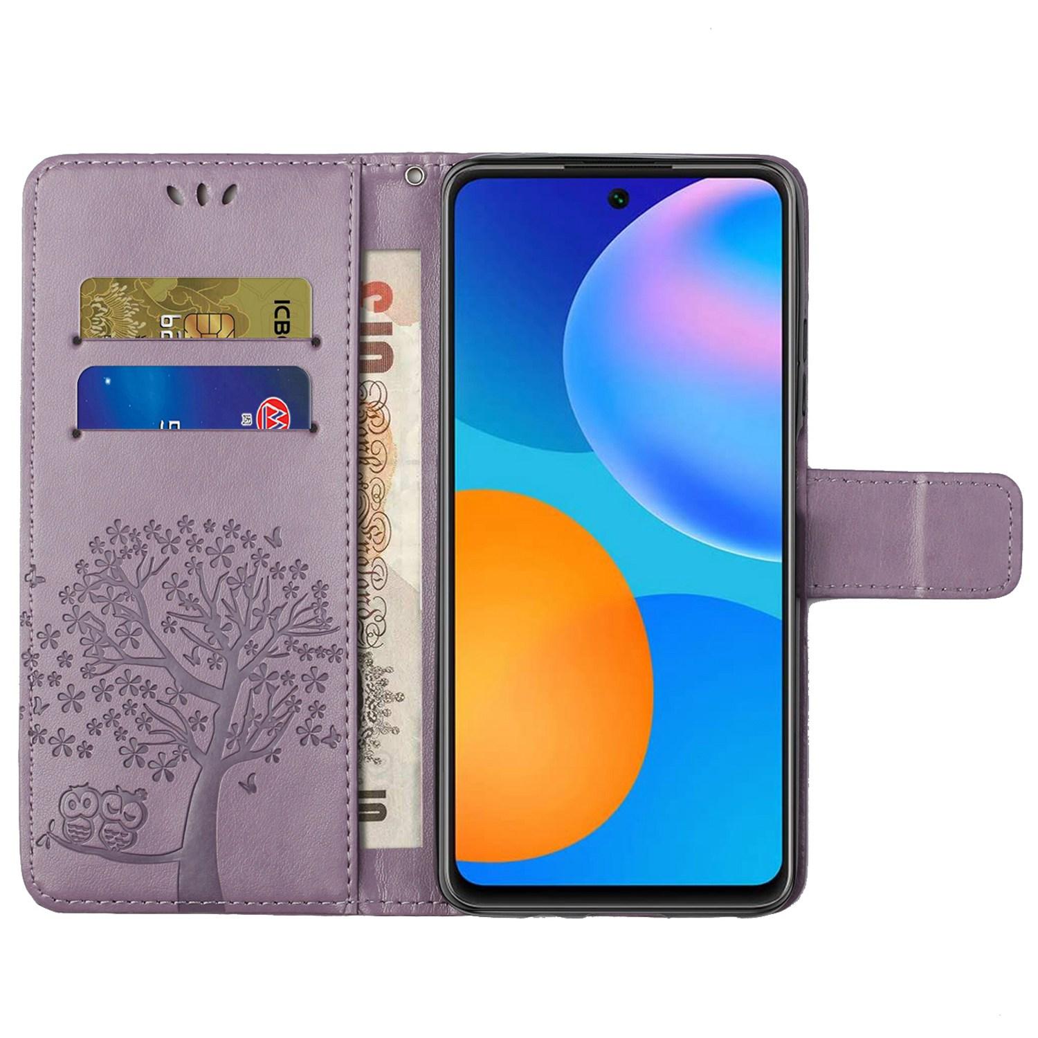 

For Motorola Moto G42 4G PU Leather Wrist Strap Flip Cover Owl Tree Pattern Imprinted Wallet Stand Feature Full Body Protective Cover Purple