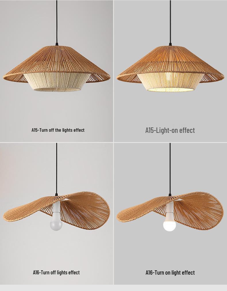 Zen-Inspired Chinese Pendant Lamp with Hemp Rope and Japanese Straw Hat Design
