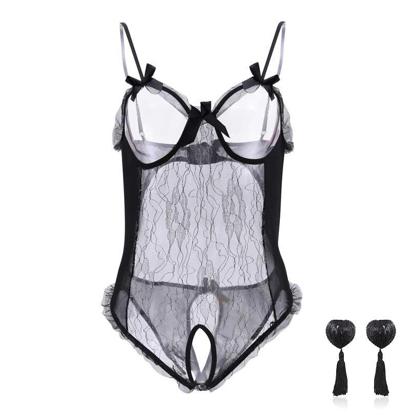 Large Sexy Underwear Sexy Lace Bow Open Crotch Dew Milk Three-point Style