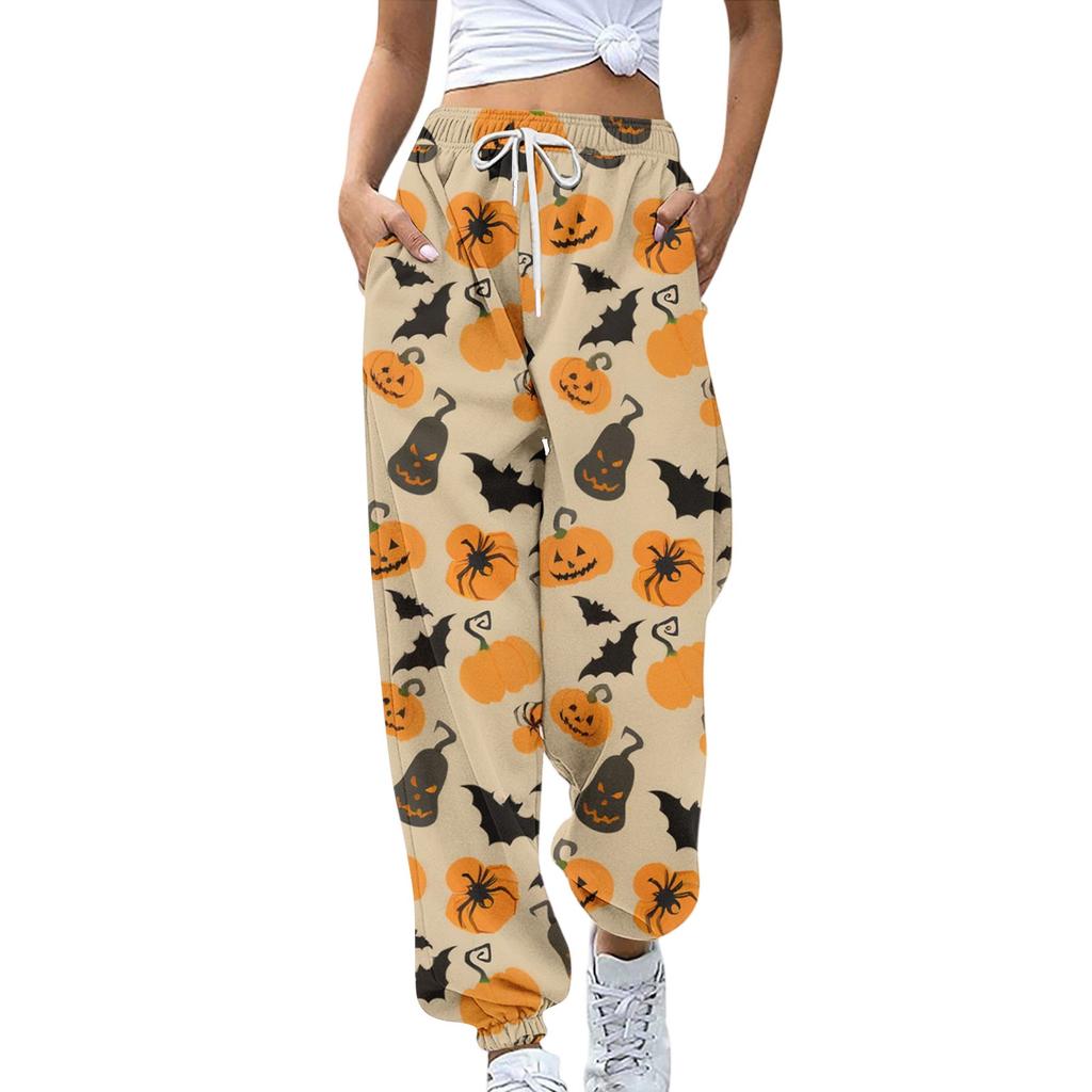 Damsportbyxor med fickor Mode Halloweentryck Elastisk midja Byxor Casual Sweatpants Byxor