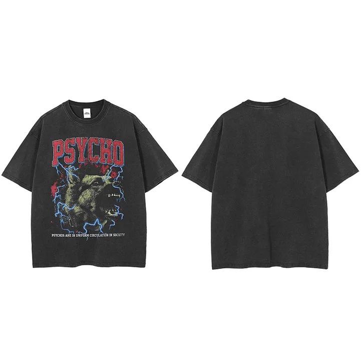 

Men Hip Hop Washed TShirt Streetwear Wolf Lightning Printed T Shirt Harajuku Cotton Casual Tshirt Summer Short Sleeve M