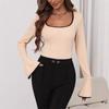 Women Causal Square Collar Flared Sleeve Elastic Bodysuit Autumn Sexy Slim Fit Contrasting Color Splicing Jumpsuit