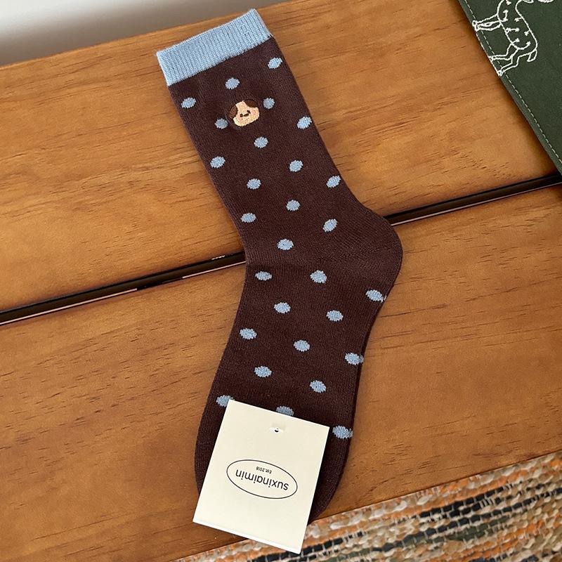 Women's Spring, Autumn and Winter Blue Coffee Mid-calf Socks Embroidered Puppy Warm Fleece Pile Socks