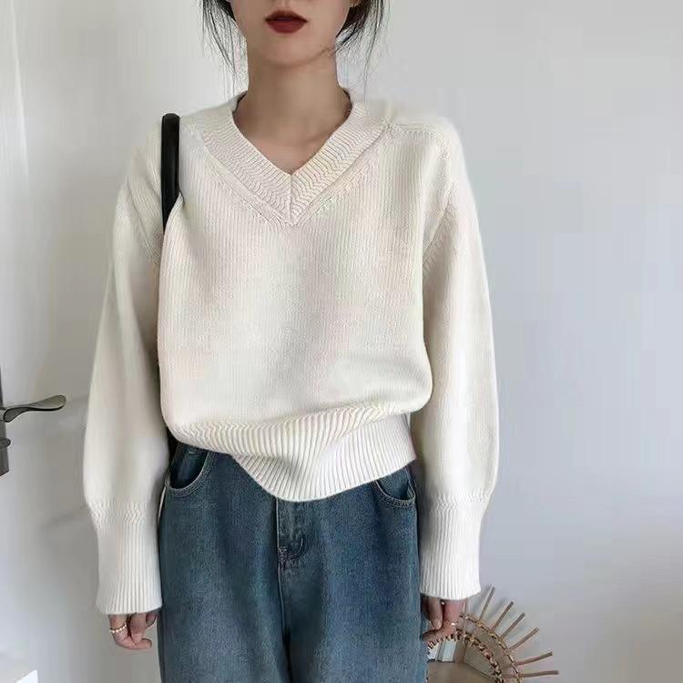 V-Ausschnitt Einfarbiger Pullover für Damen Im Herbst und Winter Koreanischer Vintage Strickpullover Lockerer und lässiger Pullover