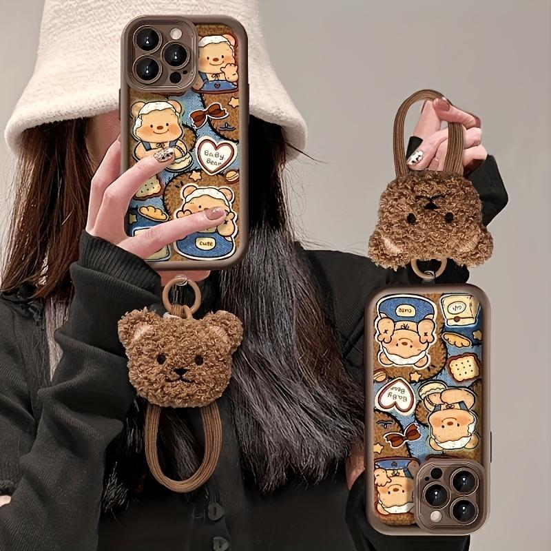 

Cream Bear Pattern Phone Case, full TPU shockproof design with plush lanyard, compatible with multiple iPhone models. iPhone 7
