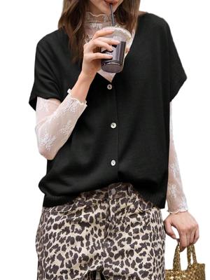 Cardigan Leve Feminino com Botões Manga Morcego Tricô Suéter Top