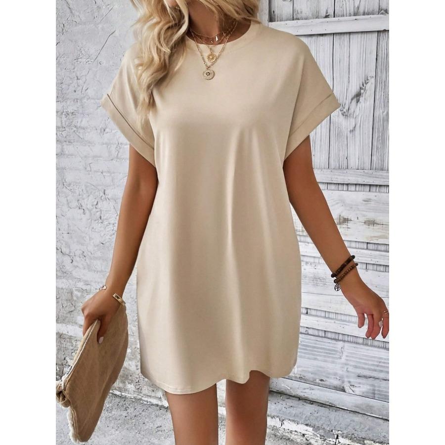 2026 New Women's Spring Summer Solid Color Round Neck Loose Fit Short Sleeve Pocket Casual Beach Dress