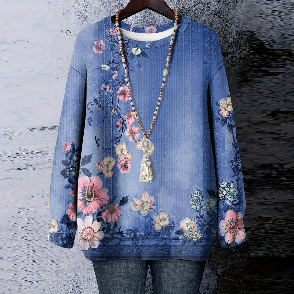 Women's Floral Print Round Neck Long Sleeved T-shirt Sweatshirt Top