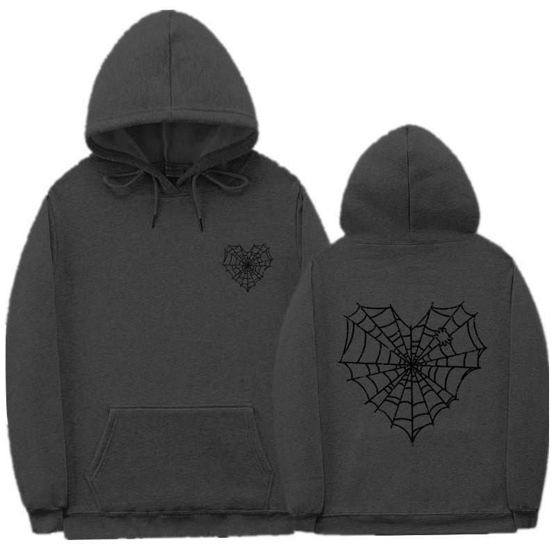 Gothic Spiderweb Print Hooded Sweatshirt Unisex Oversized Pullover With Ribbed Hem Fall