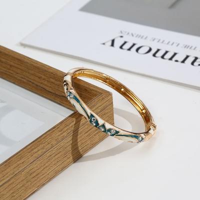 Vintage Elegant Cloisonne Open Bangle Drip Oil Zinc Alloy Retro Court Floral Cuff Rhinestone Metal Enamel Bracelet Women