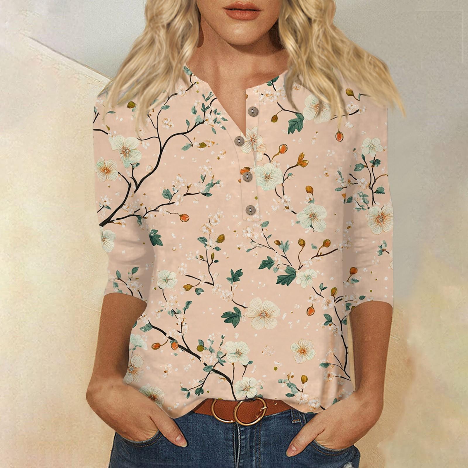 

Жіночий вільний повсякденний топ із квітковим принтом із круглим вирізом і ґудзиками S хакі