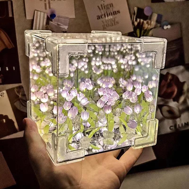 Handmade DIY Tulip Flower Cube Night Light Tulip Mirror Bedroom Decor Atmosphere Lamp Sleeping Table Lamp Couple Birthday Gift