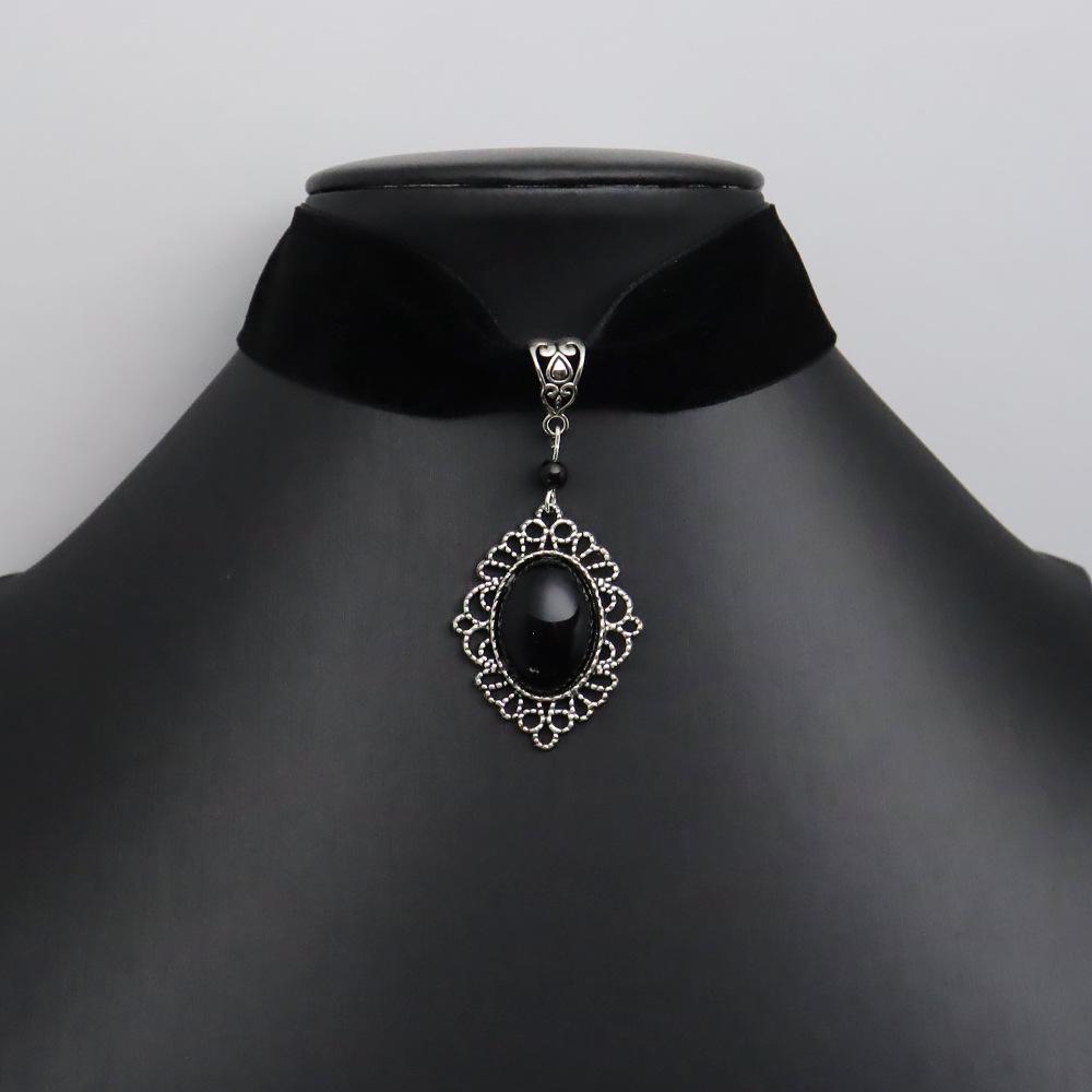 Victorian Gothic Silver Filigree Pendant Necklace with Red and Black Crystal Glass Velvet
