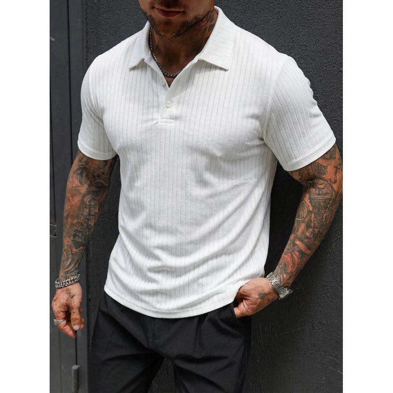 Men s Summer High-Elasticity Ribbed Fitness Sports Casual Fashion Knitted Short-Sleeve Polo Shirt S белый
