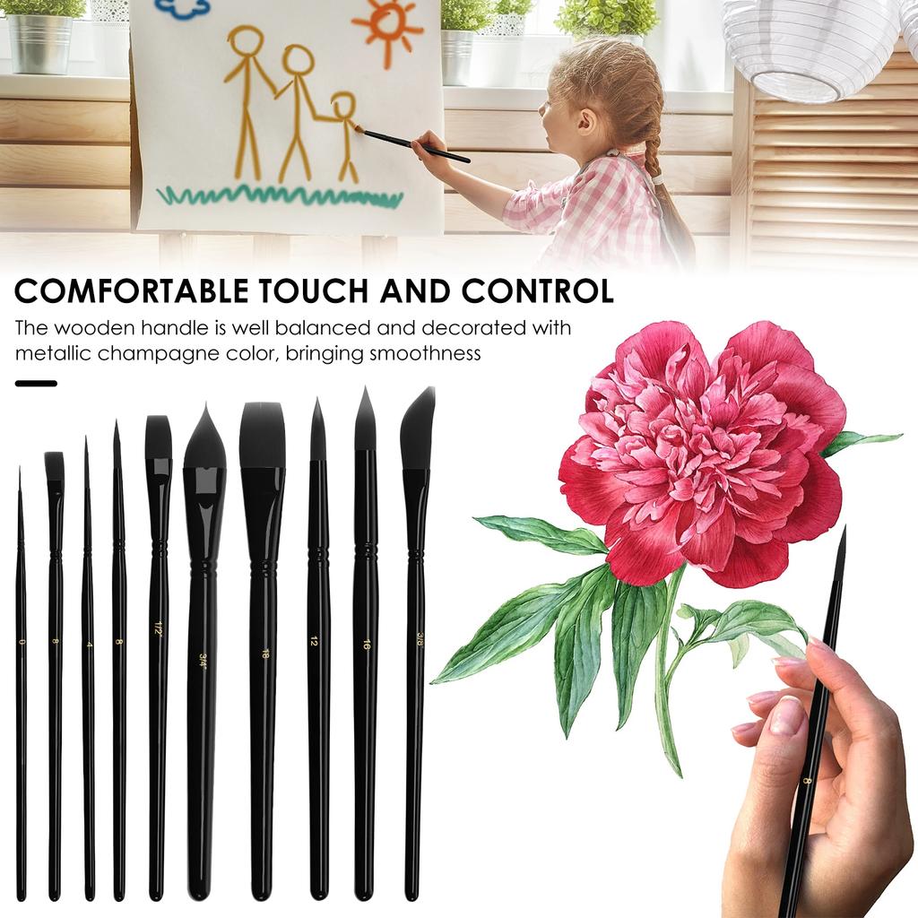 10Pcs Watercolor Paint Brush Set with Ergonomic Wood Handle Artist Paint Brush Art Supplies for Acrylic Painting Oil Painting