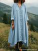 2026 Retro Style Solid Color Cotton Linen Long Sleeve Ruffled Dress