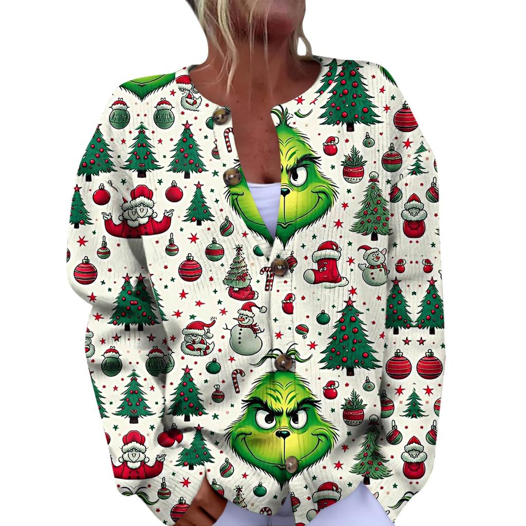 Women's Fashion Christmas Printed Long Sleeve Knitted Cardigan Button Down Jacket