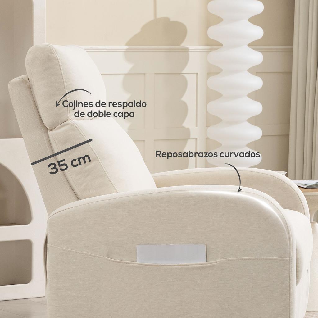 Reclining Relax Armchair Upholstered in Synthetic Linen with Footrest and Side Pockets Load 135 kg Cream