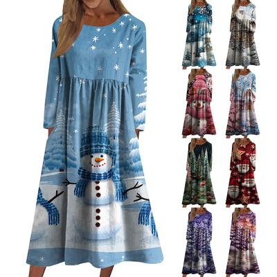 Women's Casual Crew-neck Christmas Print Mid-length Dress Long-sleeved Dress With Pocket