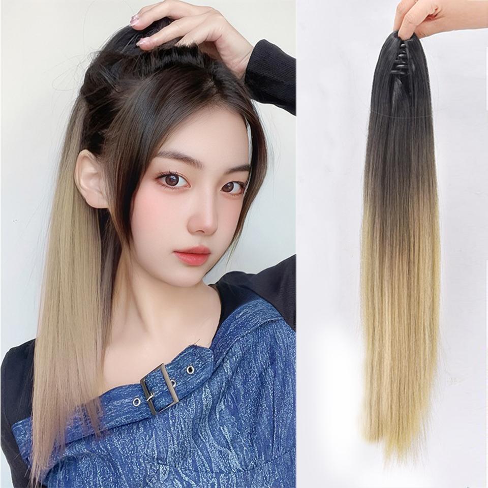 Extension de Cheveux Synthétiques Longs Lisses à Pince Queue de Cheval 22 Pouces Noir Mèches Bleues Grises Postiche Queue de Cheval Perruque Pour Femmes