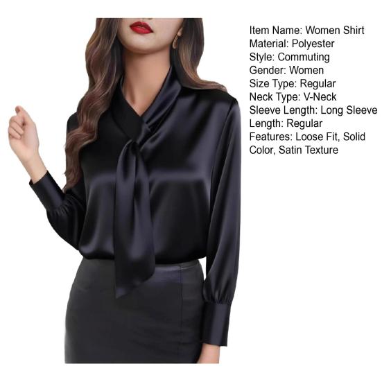 Women Shirt Ribbon V-Neck Long Sleeve Satin Texture Blouse Breathable Regular Fit Casual Work Party Dress Tops