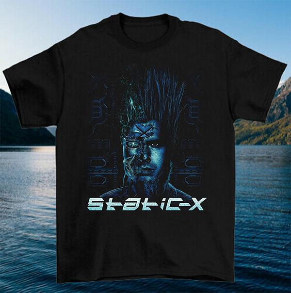 

Хлопковая черная мужская футболка с графикой в стиле Static-X, размеры от S до 5XL. Подарок фанатам. Унисекс футболка. S